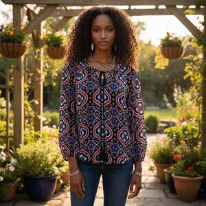Daniel‎ Rainn M Womens Black Red Blue Mosaic Medallion Tie Top Boho Festival Mod